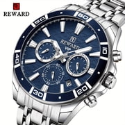 REWARD Men s Chronograph Quartz Watch, Large Dial Stainless Steel Analog Dress Wrist Watch, Waterproof Multifunctional Watch with Luminous, Timer & Calendar