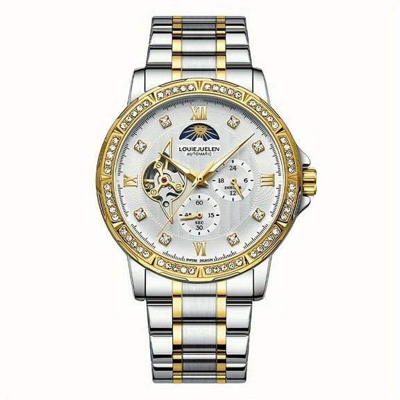 Men's Waterproof Mechanical Watches, Sun & Moon Design Moon Phase Fashion Business Wrist Watch Elegant Daily Accessory For Men