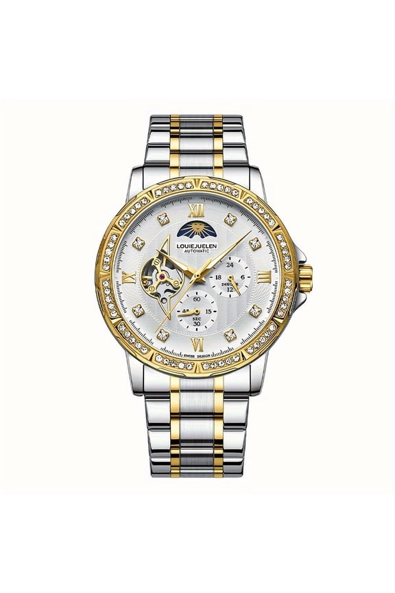 Men's Waterproof Mechanical Watches, Sun & Moon Design Moon Phase Fashion Business Wrist Watch Elegant Daily Accessory For Men