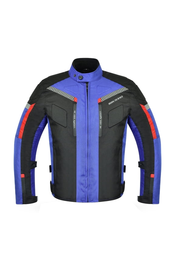 Men’s Cordura Textile Motorcycle Riding Jacket – Waterproof Touring Coat with EVA Foam Armor Padding Blue Size-S