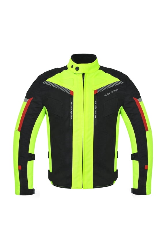 Men’s Waterproof Motorcycle Textile Jacket, All-Season Touring Riding Jacket with EVA Foam Padding, Air Vents, YKK Zipper, Adjustable Fit Hiviz-XL