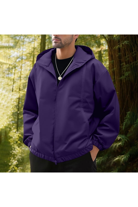 Men's Waterproof Rain Jackets Lightweight Sports Zipper Hooded Trench Coats Softshell Windproof Outdoor Hiking Outerwear Purple XXL