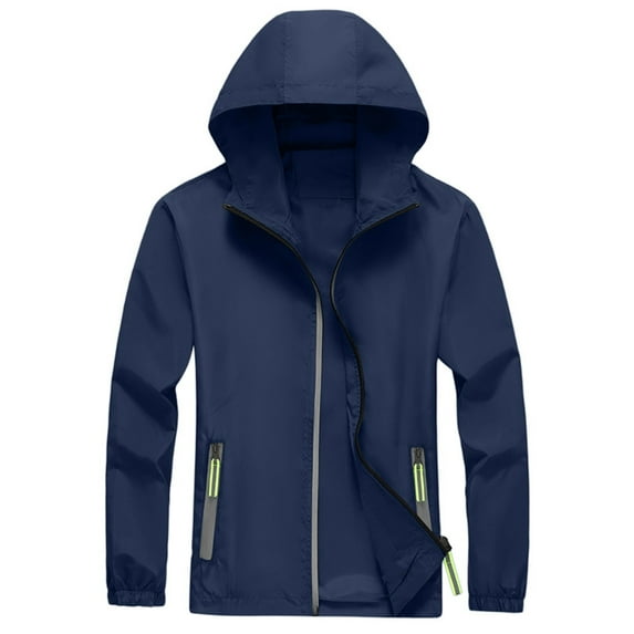 Men's Waterproof Softshell Jacket Lightweight Windbreaker Hooded Rain Coat For Outdoor Hiking Zip Pockets Dark Blue M