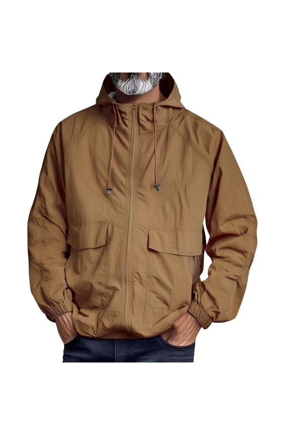 Men's Waterproof Windbreaker Jacket - Full Zip Adjustable Hooded Softshell Long Sleeve Coats with Pockets