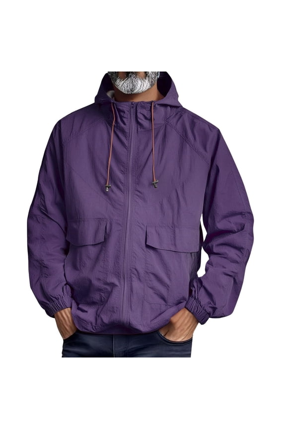 Men's Waterproof Windbreaker Jacket - Full Zip Adjustable Hooded Softshell Long Sleeve Coats with Pockets
