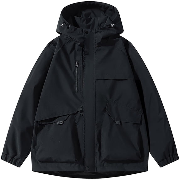 Men's Waterproof Windbreaker Utility Hooded Tactical Coat Shell Jacket Outdoor Hiking Travel with Cargo Pockets for Fall, Black, L