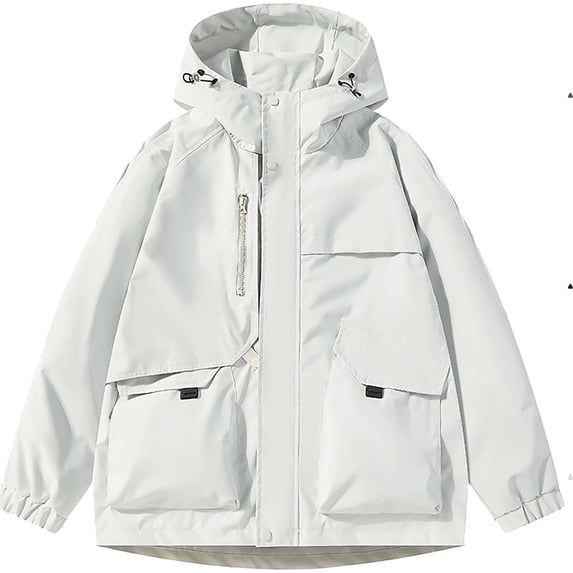 Men's Waterproof Windbreaker Utility Hooded Tactical Coat Shell Jacket Outdoor Hiking Travel with Cargo Pockets for Fall, White, M