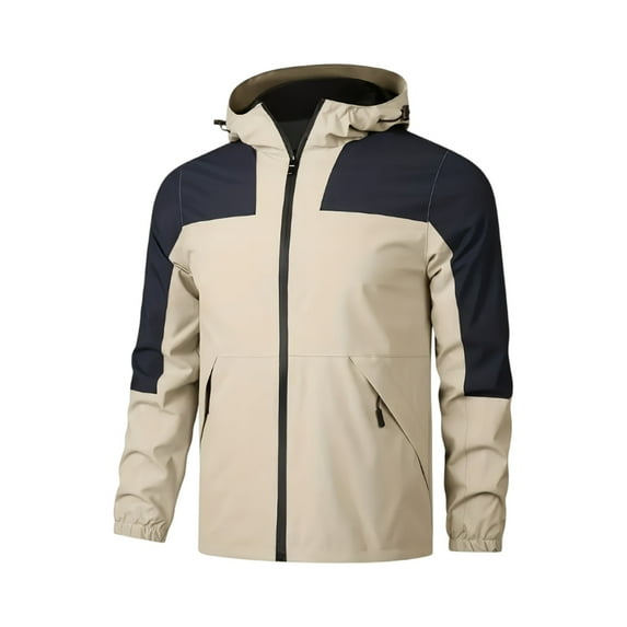 Men's Waterproof Windproof Outdoor Colorblock Zip-Up Jacket with Zipper Pockets (for Hiking & Camping), Camel, Size M