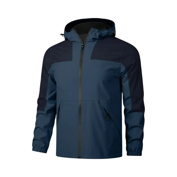 Men's Waterproof Windproof Outdoor Colorblock Zip-Up Jacket with Zipper Pockets (for Hiking & Camping), Navy Blue, Size M