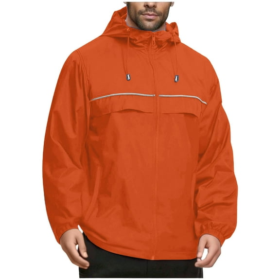 Men's Waterproof Work Jacket Solid Color Outdoor Water Proofing Climb Sport Run Pocket Zipper Long Sleeved Hooded Loose Fit Coat