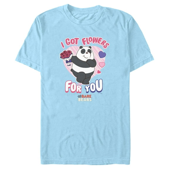 Men's We Bare Bears Valentine's Day Panda I Got Flowers For You  Graphic Tee Light Blue 2X Large