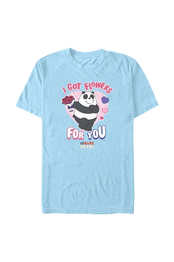 Men's We Bare Bears Valentine's Day Panda I Got Flowers For You Graphic Tee Light Blue 2X Large