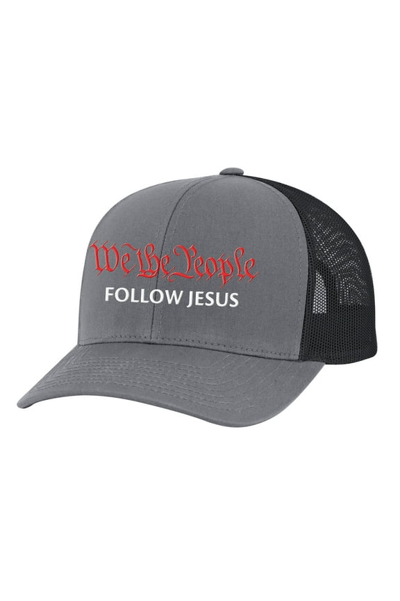 Men's We The People Follow Jesus Patriotic Christian Embroidered Mesh Back Trucker Hat, Charcoal/Black