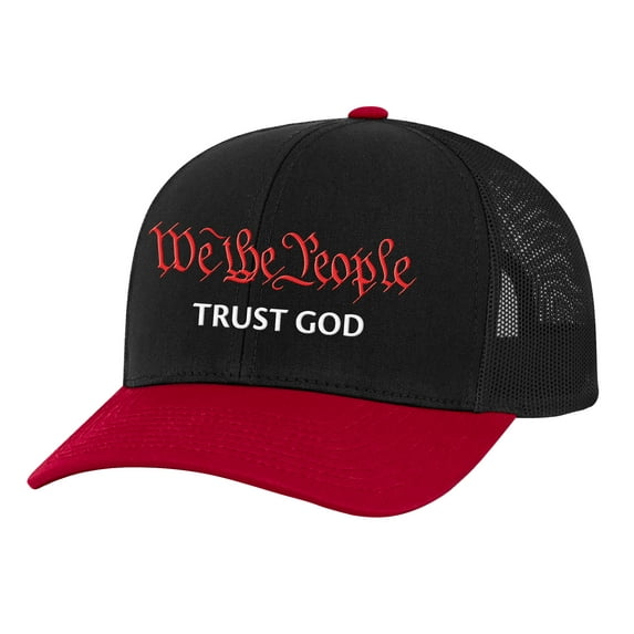 Men's We The People Trust God Patriotic Christian Embroidered Mesh Back Trucker Hat, Black/Red