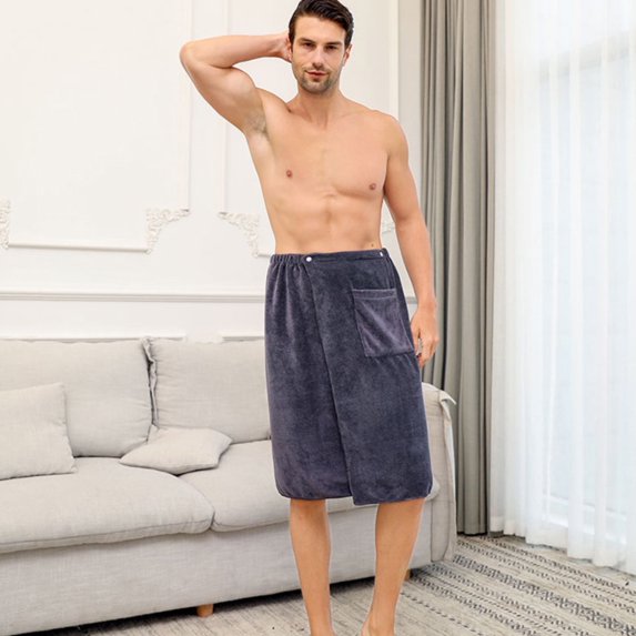Men's Wearable Bath Towel with Pockets | Soft Absorbent Polyester Beach Skirt | Quick-Dry Swim Wrap in Gray Blue Brown | 55x27.5 Inch
