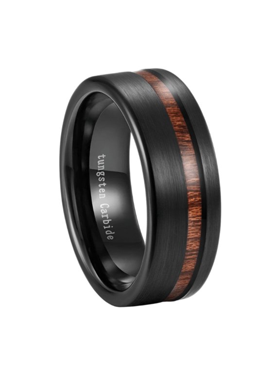 Men's Wedding Band - Black Brushed Off Center Koa Wood Ring for Men and Women