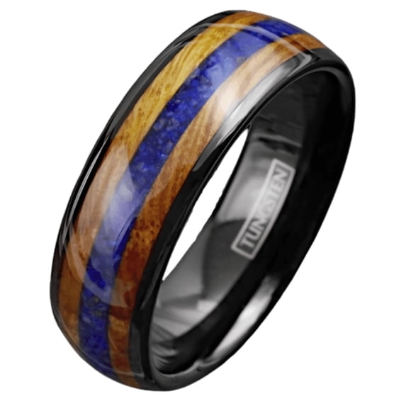 Men's Wedding Band Ring - Black Blue Lapis Lazuli Whiskey Barrel - Wedding Rings for Men and Women
