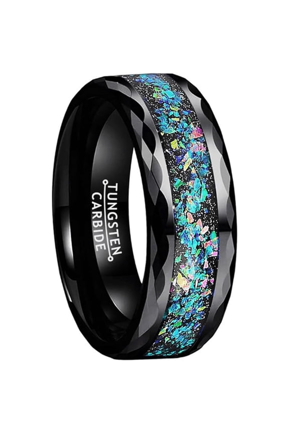 Men's Wedding Band Ring - Black Opal Stripe Celestial Galaxy Multi-Faceted Edge - Wedding Rings for Men and Women
