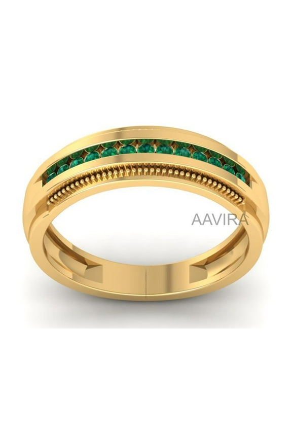 Mens Green Emerald Eternity Wedding Band Ring, Personalized Gemstone Band, Classic 14K Gold Plated Anniversary Ring, Gift for Him