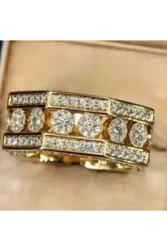 Men's Wedding Band Ring White Moissanite 3 Ct Round Cut 14k Yellow Gold Plated