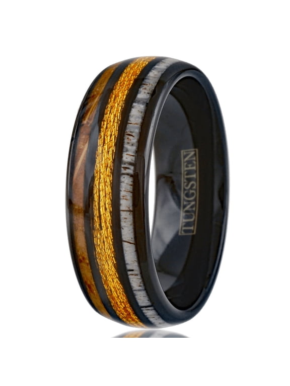Men's Wedding Band Rings - Gold Fishing Line Whiskey Barrel Deer Antler - Wedding Rings for Men and Women