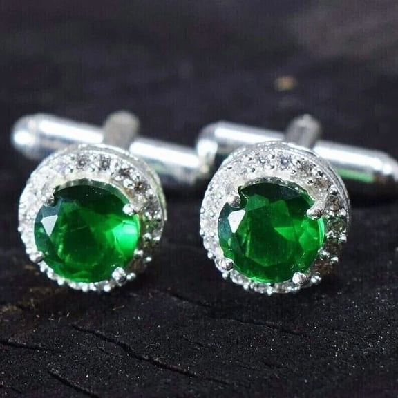 Men's Wedding Halo Cufflinks 14K White Gold Plated 2Ct Round Cut Simulated Green Emerald 925 Sterling Silver