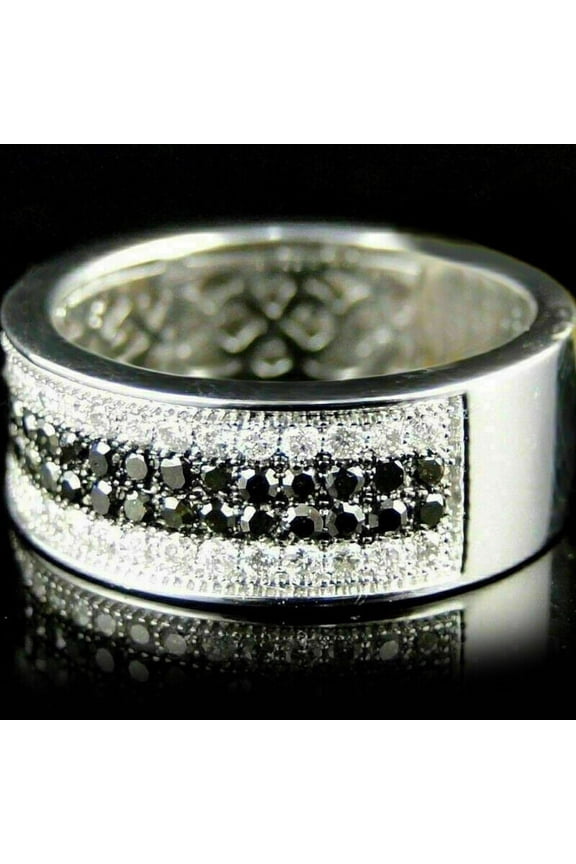 Men's Wedding Ring- 0.24Ct Black & White Diamond Stone- Solid 925 Sterling Silver- 4 Row Band Ring