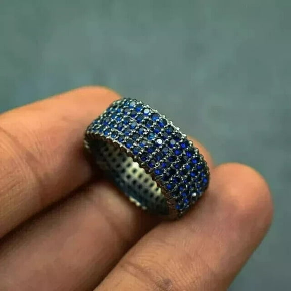 Men's Weddings Gift Band Ring 3Ct Round Cut Simulated Blue Sapphire 14K Black Gold Plated