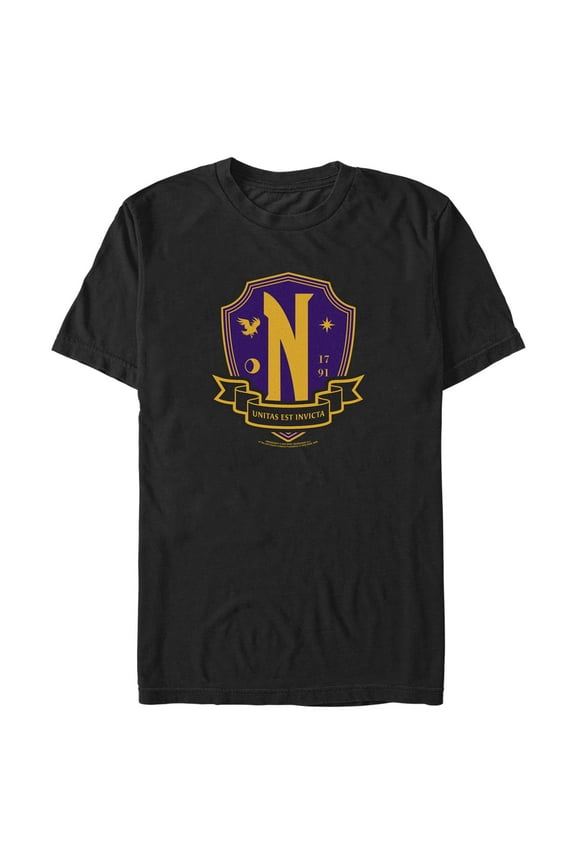 Men's Wednesday Nevermore Academy Crest Graphic Tee Black Large