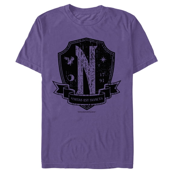 Men's Wednesday Nevermore Academy Distressed Emblem Graphic Tee Purple 3X Large