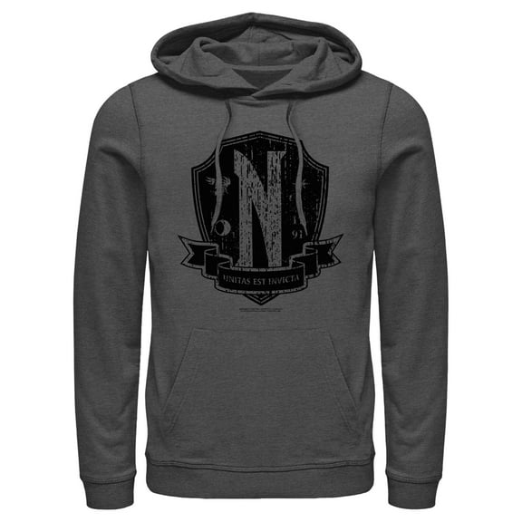 Men's Wednesday Nevermore Academy Distressed Emblem Pull Over Hoodie Charcoal Heather Small