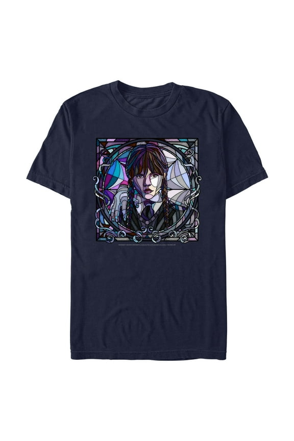 Men's Wednesday Stained Glass Addams Portrait Graphic Tee Navy Blue 2X Large