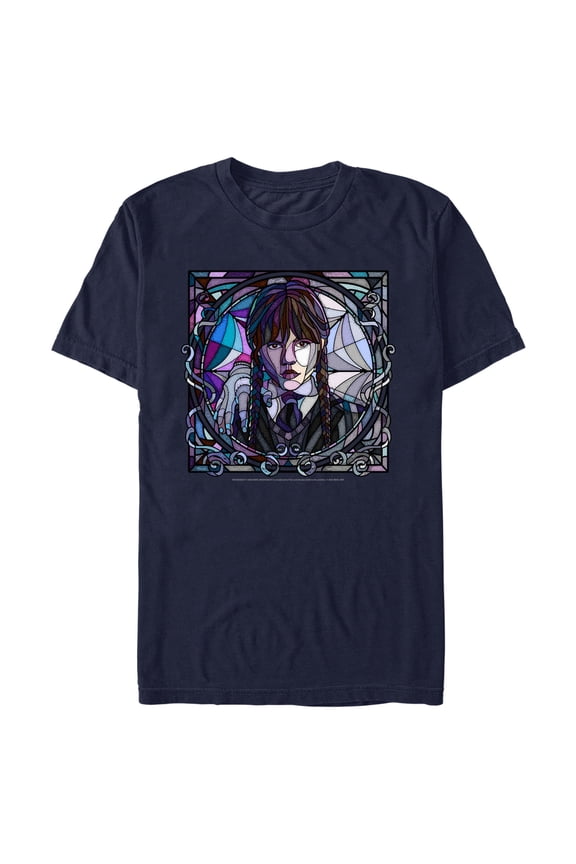 Men's Wednesday Stained Glass Addams Portrait Graphic Tee Navy Blue Medium