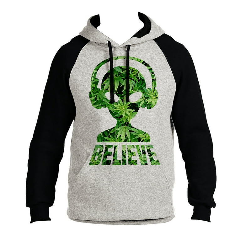 Men s Weed Believe In Aliens B1206 PLY Gray Black Raglan Hoodie 3X