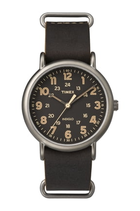 Men's Weekender Oversized Titanium-Tone Watch, Dark Brown Leather Slip-Thru Strap