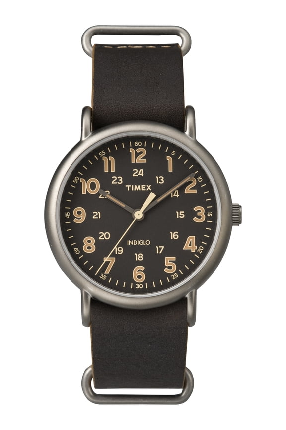 Men's Weekender Oversized Titanium-Tone Watch, Dark Brown Leather Slip-Thru Strap