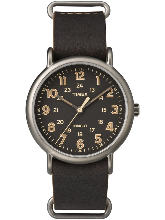 Men's Weekender Oversized Titanium-Tone Watch, Dark Brown Leather Slip-Thru Strap