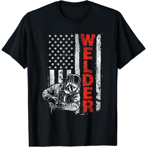 Men's Welder American Flag Graphic T-Shirt Distressed Patriotic Welding Gift Tee