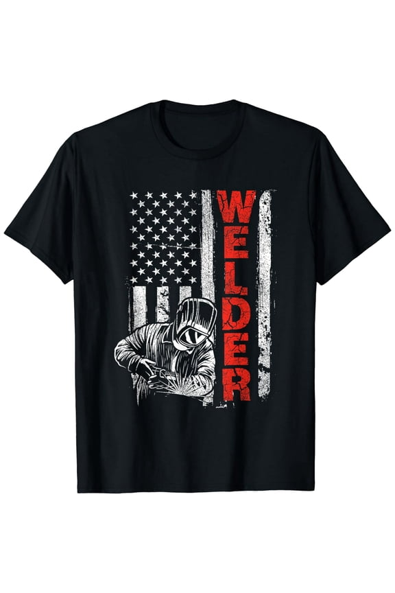 Men's Welder American Flag Graphic T-Shirt Distressed Patriotic Welding Gift Tee