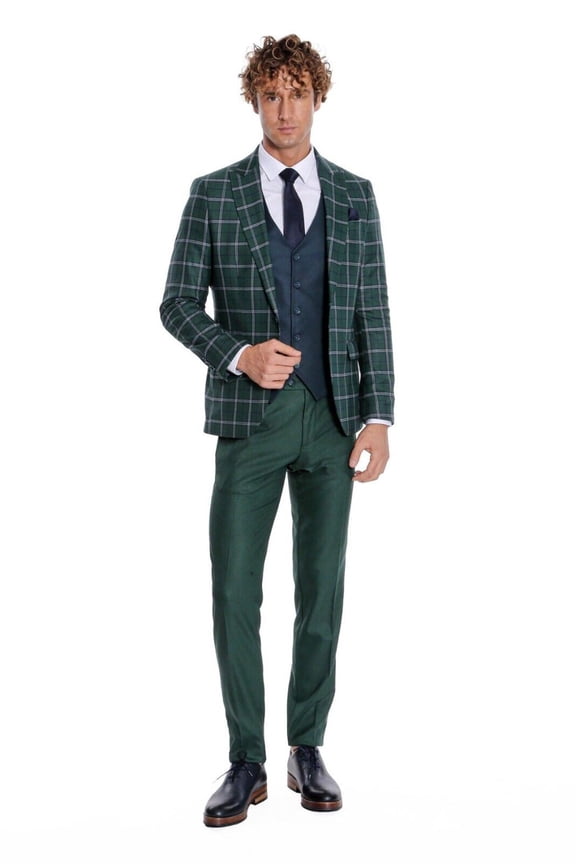 Men's Wessi Slim Fit 3PC Green with White and Navy Plaid Formal Suit TY-1431