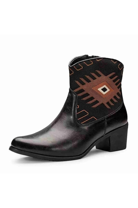 Men's Western Ankle Boots, Leather & Fabric Short Cowboy Boots with Ethnic Print & Side Zipper, Black & Brown