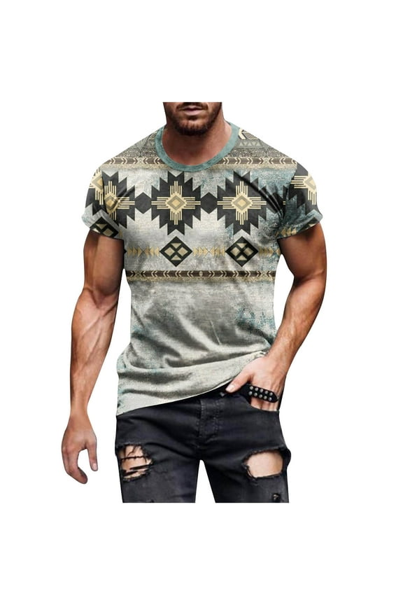 Men's Western Aztec Crewneck T Shirt Ethnic Totem Graphic Summer Tee Tops Casual Short Sleeve Workout Shirts