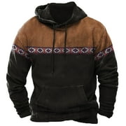 Mens Western Aztec Hoodies Sweatshirts Plus Size Loose Ethnic Graphic Print Drawstring Hooded Pullover with Pocket