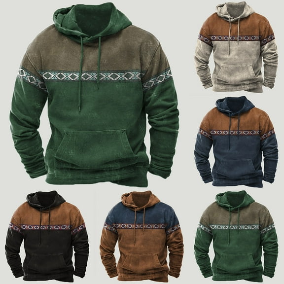 Men's Western Aztec Hoodies Sweatshirts Plus Size Loose Ethnic Graphic Print Drawstring Hooded Pullover with Pocket