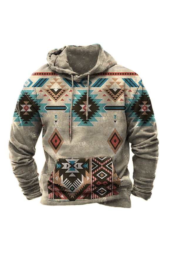 Men's Western Aztec Hoodies Sweatshirts Plus Size Loose Ethnic Graphic Print Drawstring Hooded Pullover with Pocket