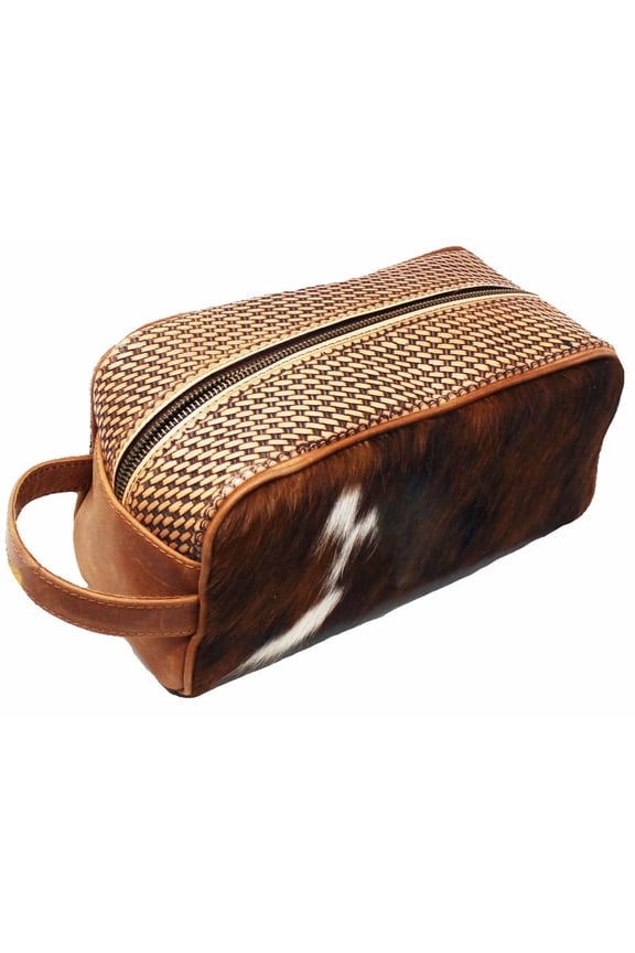 Men's Western Basket Weave Tooled Leather Hairon Toiletry Dopp Kit Bag 18RTT03