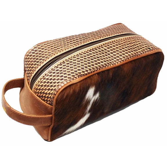 Men's Western Basket Weave Tooled Leather Hairon Toiletry Dopp Kit Bag 18RTT03