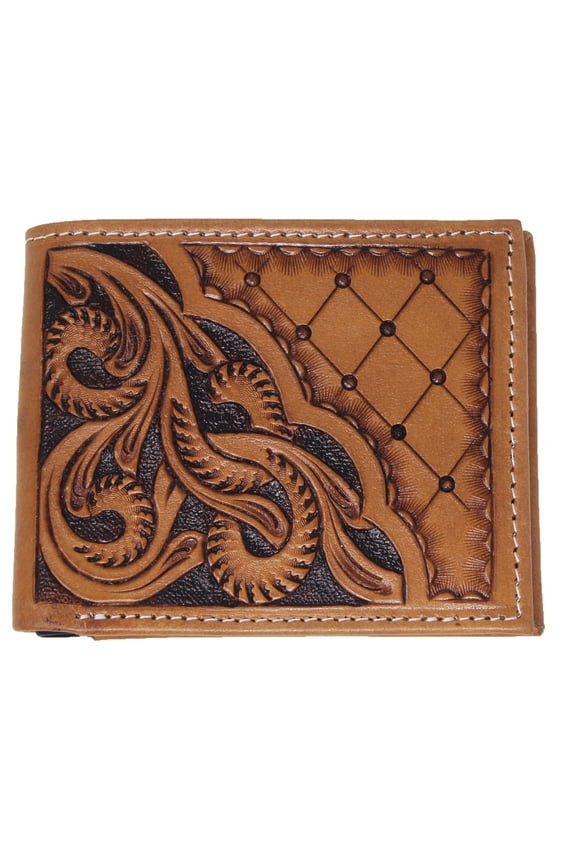Men's Western Bifold Wallet Tan Floral Tooled Leather 18FKW42B
