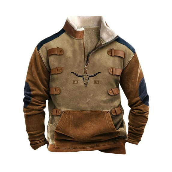 Men's Western Bull Head Print Pullover - 1/4 Zip Stand Collar Long Sleeve Vintage Style,L,brown