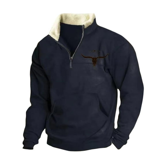 Men's Western Bull Head Print Pullover - 1/4 Zip Stand Collar Long Sleeve Vintage Style,XL,Dark Blue